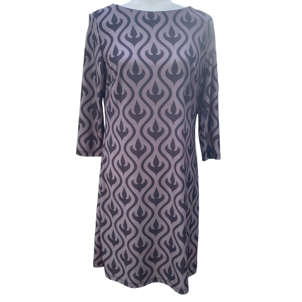 LBISSE Shift Dress Womens Large Grayish‎ Taupe Black Abstract Print Knee Length